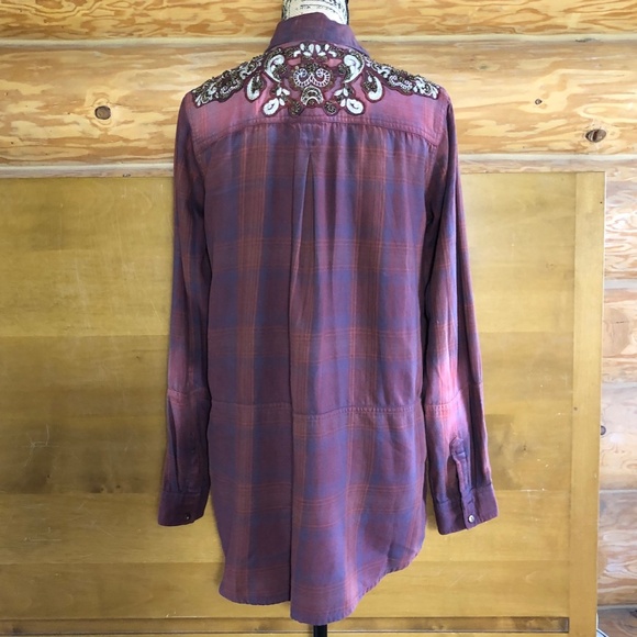 Free People Stevie's Embellished Plaid Shirt Tunic in red/burgundy size M - Picture 6 of 12